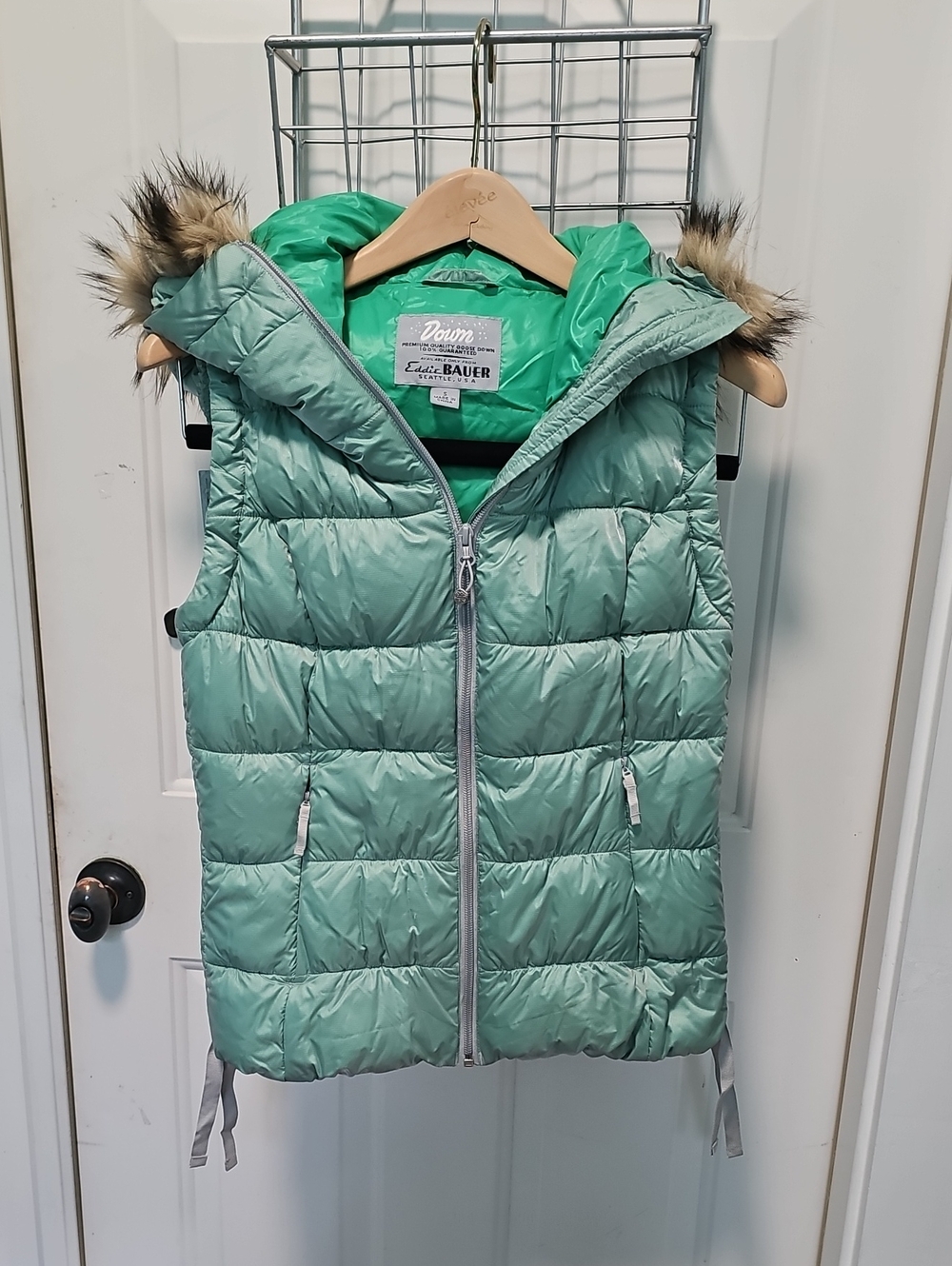 Eddie Bauer Goose Down Green Quilted Puffer Vest with Faux Fur Trim Hood